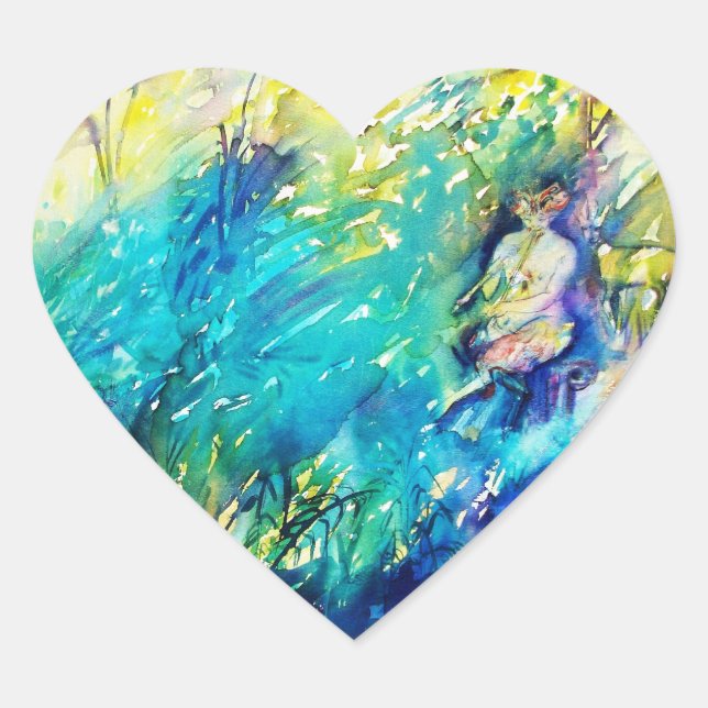 STICKER CŒUR PAN JOUER FLUTE ET CERF EN BOIS VERT (Devant)