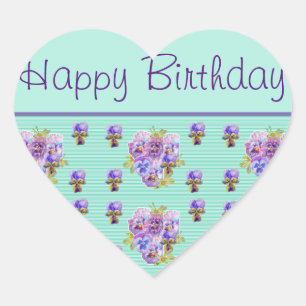 Sticker Cœur Pansy Flower Aqua Stripe floral Joyeux anniversair