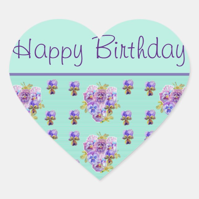 Sticker Cœur Pansy Flower Aqua Stripe floral Joyeux anniversair (Devant)