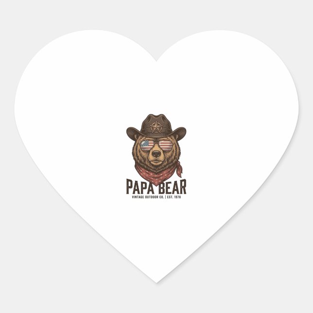 Sticker Cœur Papa Bear Cowboy Bear Patriotic Vintage Vector Des (Devant)