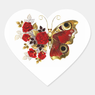 Sticker Cœur Papillon de fleurs rouges aux roses rouges