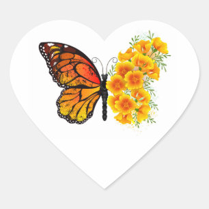 Sticker Cœur Papillon Fleur avec Pavot de Californie Jaune