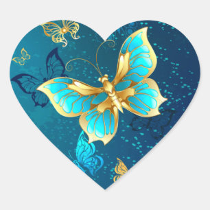 Sticker Cœur Papillons dorés sur fond bleu