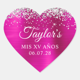 Sticker Cœur Parties scintillant d'argent Foil rose chaud Mis X