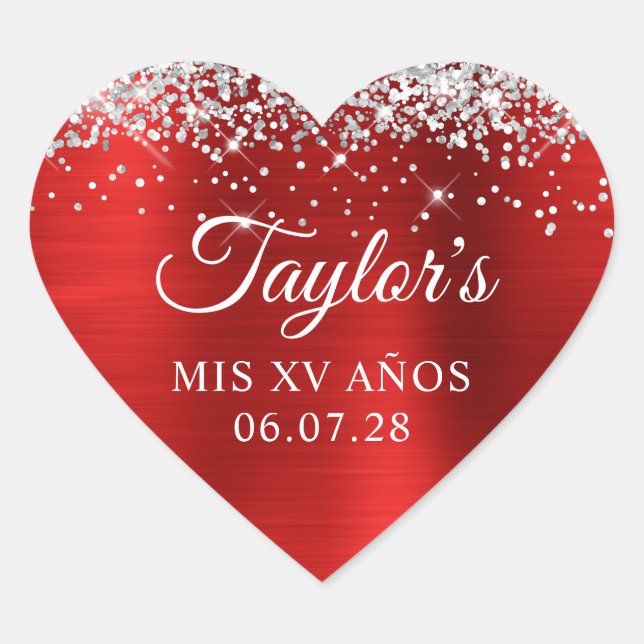 Sticker Cœur Parties scintillant d'argent Rouge huile Mis XV An (Devant)