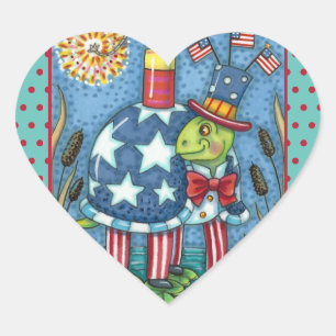 STICKER CŒUR PATRIOTIQUE ONCLE SAM TURTLE, FUNNY FIRECRACKER MÊ