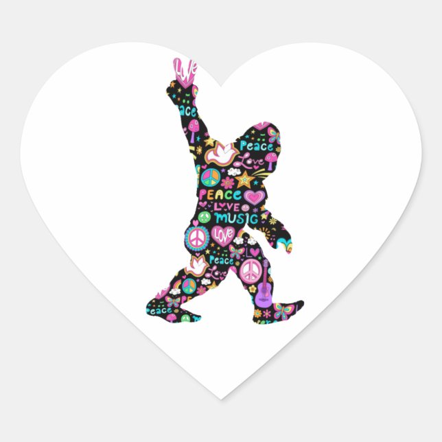 Sticker Cœur Peace Love Bigfoot Hippie Funny Bigfoot Lover (Devant)