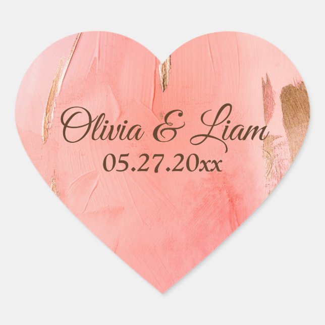 Sticker Cœur Peach Rose or Nom Brown Date Mariage élégant (Devant)