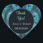 Sticker Cœur Peacock Feather Drama -Merci Seal - Personnaliser<br><div class="desc">Le texte indique le Merci,  avec le nom et l'information de date prêt à être customisé par vous.</div>