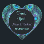 Sticker Cœur Peacock Feather Drama -Merci Seal - Personnaliser<br><div class="desc">Le texte indique le Merci,  avec le nom et l'information de date prêt à être customisé par vous.</div>