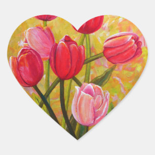 Sticker Cœur Peinture de tulipes roses et rouges