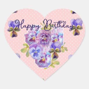 Sticker Cœur Pensées Violettes Motif Fleur Bon Anniversaire