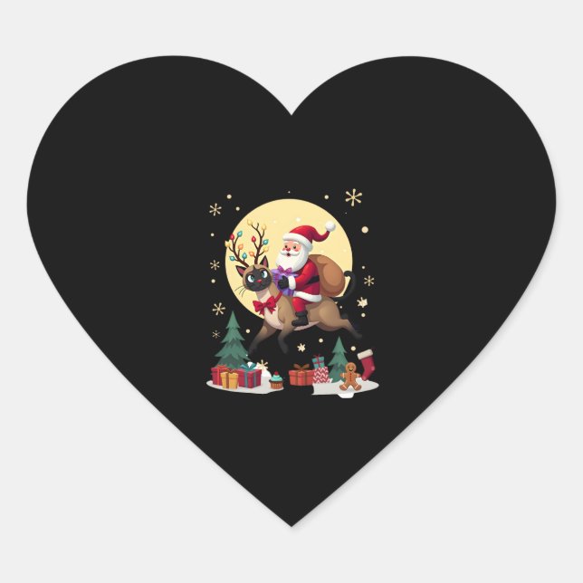 Sticker Cœur Père Noël équitation renne Siamese Chat Noël Arbre (Devant)