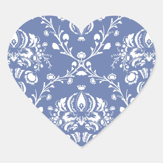 Sticker Cœur Périwinkle bleu et blanc Damas (Devant)
