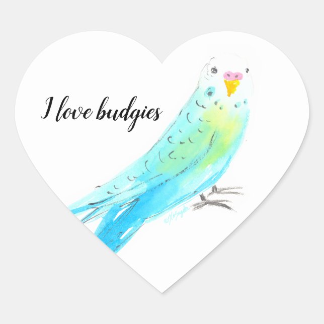 Sticker Cœur  Perruche Bouddhiste Aquarelle Bleue (Devant)