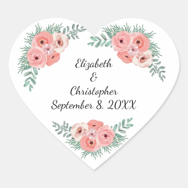 Sticker Cœur Personnalisé élégant rose et vert floral (Devant)