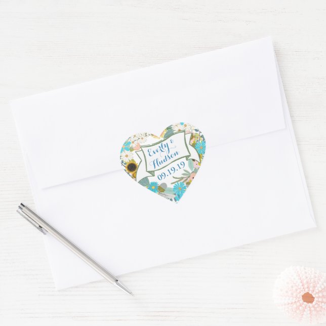 Sticker Cœur Personnalisé Forever Aqua et Pink Garland Mariage (Enveloppe)