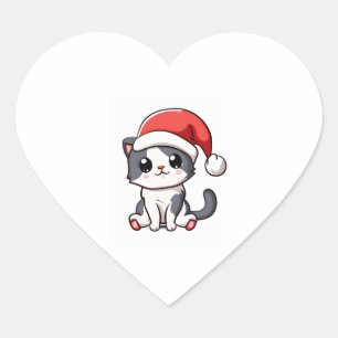 Sticker Cœur Petit chaton de Noël portant le chapeau de Père No
