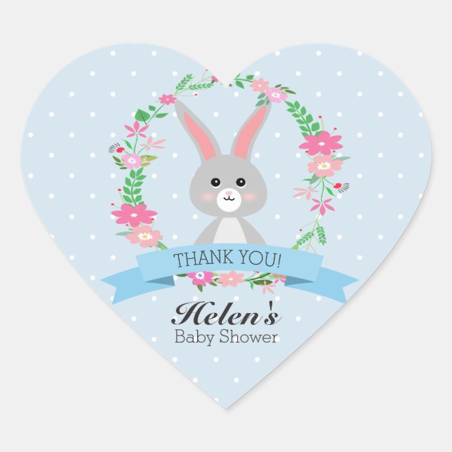 Sticker Cœur Petit lapin avec fleurs couronnes Baby shower Coeu (Devant)