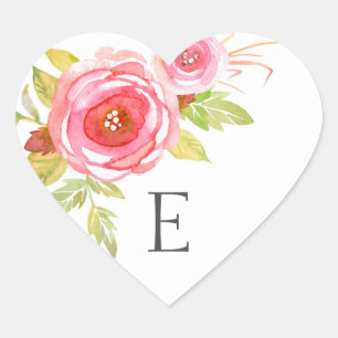 Sticker Cœur Phoques d'enveloppe mariage monogramme, floral ros
