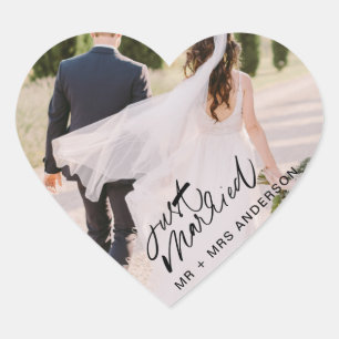 Sticker Cœur Photo de mariage "Juste mariés" Cadeau de remercie