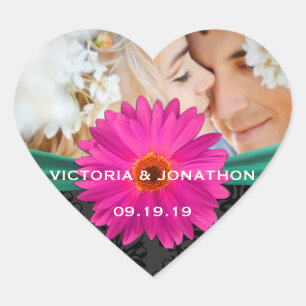 Sticker Cœur Photo Emerald et Mariage rose Gerber Daisy