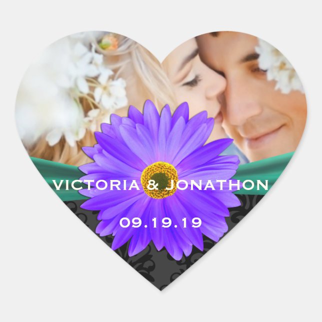 Sticker Cœur Photo Emerald Green Lavender Gerber Daisy Mariage (Devant)