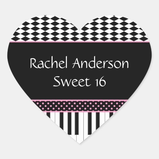 Sticker Cœur Piano rose Noir Thème Sweet 16 Anniversaire (Devant)