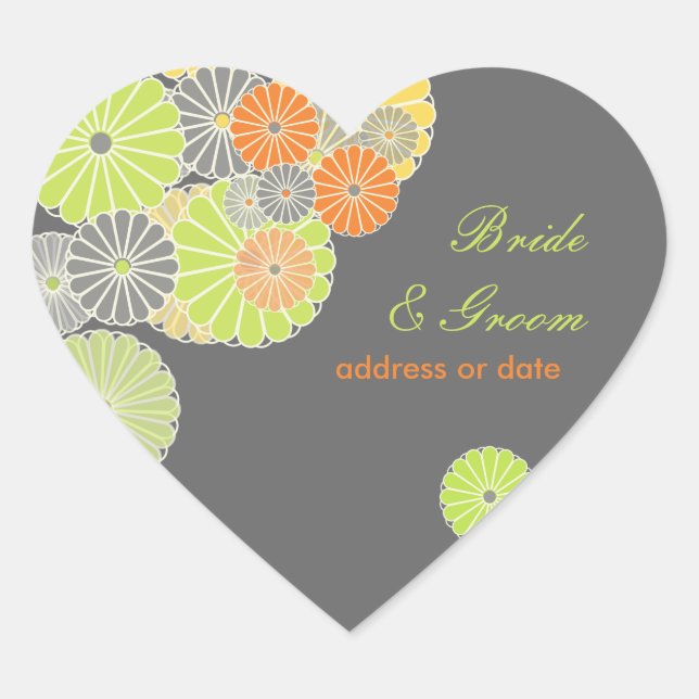 Sticker Cœur PixDezines Kiku (chrysanthème), couleur agrumes (Devant)