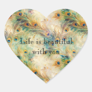 Sticker Cœur Plumes Aqua Green Gold Peacock