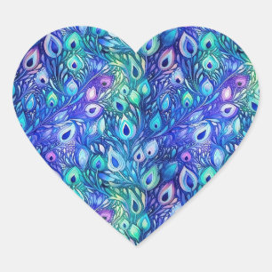 Sticker Cœur Plumes de Peacock de Monnaie Bleue Violet