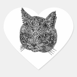 Sticker Cœur Portrait de chat ornemental noir et blanc