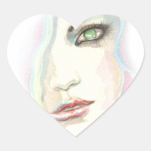 Sticker Cœur Portrait de fantaisie à l'aquarelle d'une fille mo