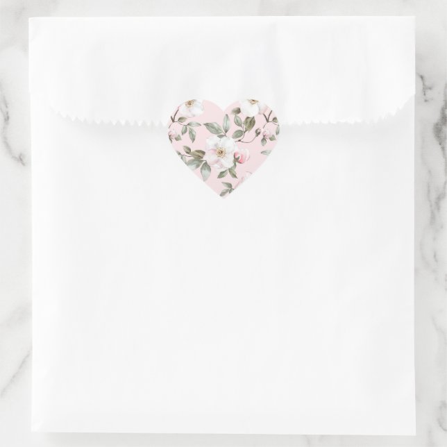 Sticker Cœur Pretty Blush Pink White Flowers Wedding  (Sac)