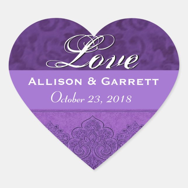 Sticker Cœur Purple Love Bride et Groom Date F200 (Devant)