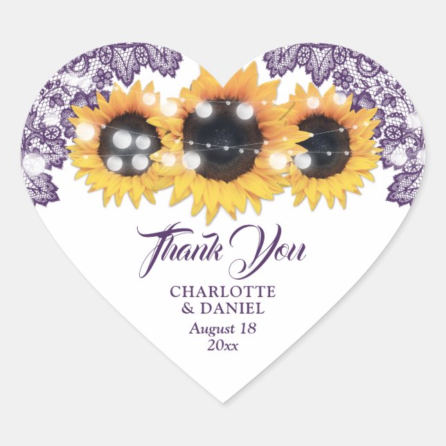Sticker Cœur Purple Rustic Floral Lace Sunflower Wedding (Devant)