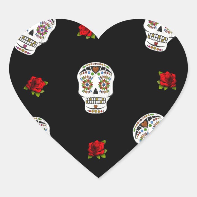 Sticker Cœur RAB Rockabilly Sugar Skulls Roses On Black (Devant)