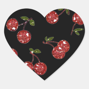 Sticker Cœur RAB Rockabilly Très Cerises Cerises Sur Fond Noir