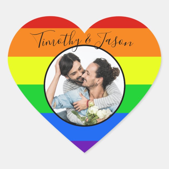 Sticker Cœur Rainbow Striped Custom Heart Photo Mariage LGBTQ (Devant)