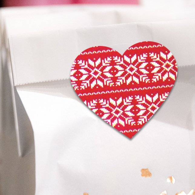 Sticker Cœur Red Nordic Snowflake Ugly Christmas Sweat Party (Red Nordic Snowflake Ugly Christmas Sweater Party Heart Sticker)