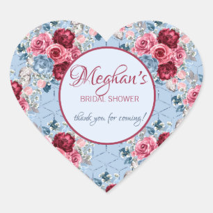 Sticker Cœur Remerciement de Baby Shower Bleu & Bordeaux Floral