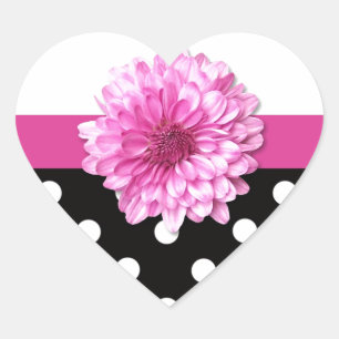 Sticker Cœur Rose floral noir blanc pois girly