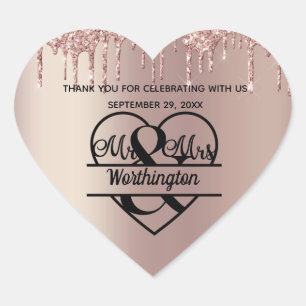 Sticker Cœur Rose Gold M. et Mme Heart Wedding Favors