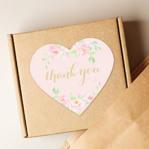 Sticker Cœur Rose Pâle et Fleurs Dorées Merci