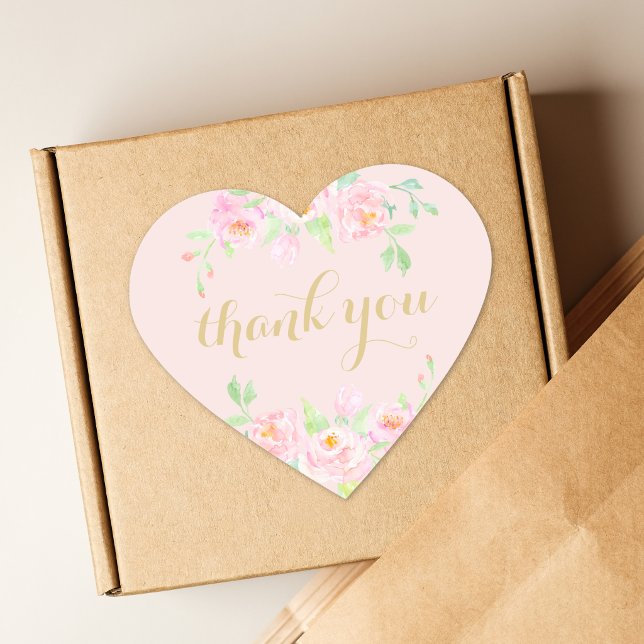 Sticker Cœur Rose Pâle et Fleurs Dorées Merci (Créateur téléchargé)