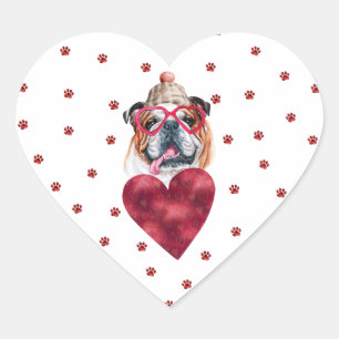Sticker Cœur Rose Pattes Rouges Bouledogue Anglais Saint-Valent