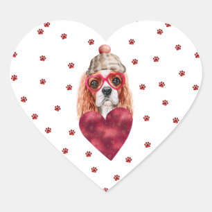 Sticker Cœur Rose Pattes Rouges Cavalier Spaniel Chien Saint-Va