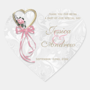 Sticker Cœur Rose Romantique, Cœur d'Or et Ruban Rose
