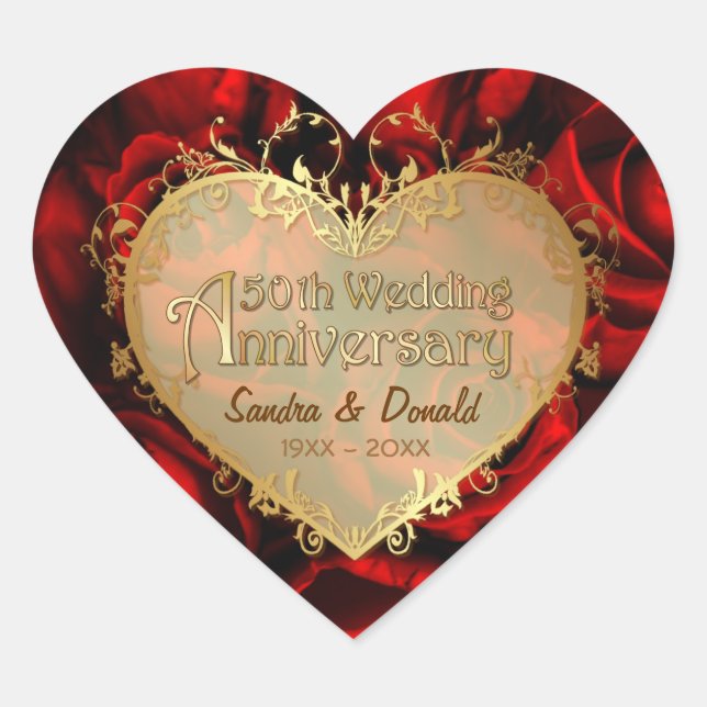 Sticker Cœur Rose rouge 50e anniversaire de Mariage (Devant)