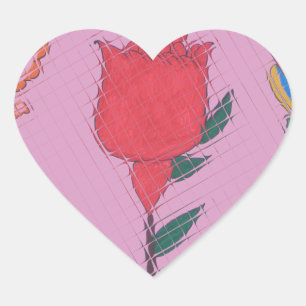 Sticker Cœur Rose rouge sur rose : Art Floral Frontière Imprime